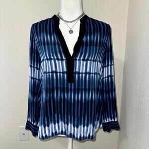 Vince Blouse Top Women's 4 Navy Blue White Tie-Dye Silk V-Neck Long Sleeve Boho